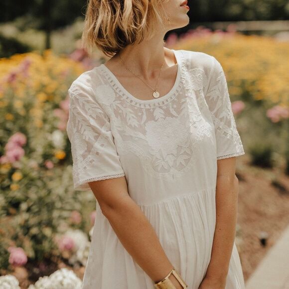 French Connection White Boho Embroidered Lace Babydoll Mini Dress, Small - Picture 2 of 11